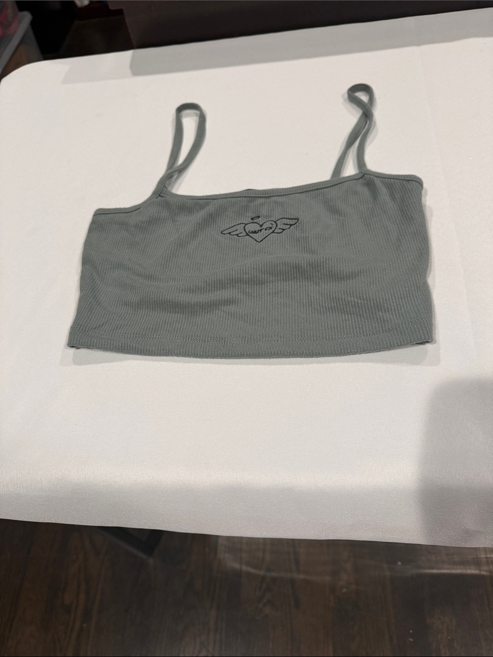 White Fox Boutique Sage Ribbed Spaghetti-Strap Crop Cami with Embroidered Heart